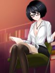  1girl artist_request black_hair black_legwear black_skirt bob_cut book bookshelf breasts brown_eyes chair cleavage collarbone date_crush_stories erisa_(date_crush_stories) eyebrows_visible_through_hair game_cg glasses highres indoors jewelry looking_at_book miniskirt necklace pendant reading shirt short_hair sitting skirt small_breasts smile solo thighhighs white_shirt 