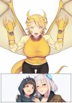  age_difference bandwidth big_breasts blush breasts clothing female godzilla godzilla_(series) hand_puppet hoodie humanoid king_ghidorah male male/female mothra mothra_(series) older_female toho topwear young younger_male 