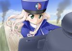  1girl absurdres bc_freedom_(emblem) bc_freedom_military_uniform blonde_hair blue_headwear blue_jacket blue_sky blue_vest closed_mouth cloud cloudy_sky commentary daxz240r day dress_shirt drill_hair emblem frown ft-17 girls_und_panzer green_eyes ground_vehicle hat high_collar highres jacket leaning_to_the_side light_blush long_hair long_sleeves marie_(girls_und_panzer) military military_hat military_uniform military_vehicle motor_vehicle outdoors riding serious shako_cap shirt sky smoke solo tank uniform vest white_shirt wind 