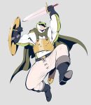  amphibian anthro armor boots bottomwear cape clothed clothing falcon_mccooper footwear frog frog_(chrono_trigger) gloves grey_background handwear looking_at_viewer male melee_weapon muscular muscular_male nipples open_mouth pants shield simple_background solo sword tongue tongue_out weapon 