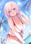  1girl bare_shoulders beach bikini blue_sky blush breasts cleavage collarbone fate/grand_order fate_(series) hair_over_one_eye hand_in_hair highres large_breasts lavender_hair leaning_forward looking_at_viewer maosame mash_kyrielight navel purple_eyes short_hair sky smile solo sunlight swimsuit swimsuit_of_perpetual_summer thighs wading white_bikini 