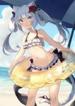 1girl :t animal_ear_fluff animal_ears azur_lane bangs bare_arms bare_legs bare_shoulders beach beach_umbrella bikini bikini_skirt black_ribbon blue_eyes blue_sky blush breasts cat_ears cat_tail closed_mouth cloud cloudy_sky collarbone commentary cowboy_shot day flower frilled_bikini frills hair_flower hair_ornament hair_ribbon hair_rings hammann_(azur_lane) innertube leaning_forward looking_at_viewer midriff navel ocean outdoors peroncho pout red_ribbon ribbon sand shadow sidelocks sky slit_pupils small_breasts solo standing stomach summer swimsuit tail tail_ribbon twintails umbrella water white_hair 