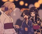  3girls :d ahoge bangs black_hair black_kimono blue_kimono blurry blurry_background braid brown_hair candy_apple commentary_request covered_mouth depth_of_field eyebrows_visible_through_hair floral_print flower food green_eyes hair_flower hair_ornament hair_over_shoulder holding holding_food holding_hand japanese_clothes kimono kuranami_shiki long_hair long_sleeves multiple_girls natsuki_teru nekomiya_ryuu obi open_mouth original print_kimono profile purple_flower purple_rose red_eyes rose sash shikibe_ayaka short_eyebrows sketch smile thick_eyebrows white_kimono wide_sleeves 