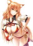  1girl :d absurdres animal_ears bangs bikini bikini_under_clothes blush breasts brown_eyes cleavage covered_nipples eyebrows_visible_through_hair fate/grand_order fate_(series) fox_ears fox_girl fox_tail grin hand_on_hip hanging_breasts head_tilt highres large_breasts leaning_forward long_hair looking_at_viewer nail_polish navel open_clothes open_mouth open_shirt orange_hair red_bikini red_nails red_ribbon ribbon scrunchie shirt short_sleeves simple_background smile solo suien suzuka_gozen_(fate) swimsuit tail teeth thigh_gap white_legwear white_shirt wrist_scrunchie 