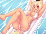  1girl :d animal_ear_fluff animal_ears armpits arms_behind_head arms_up ass bangs bare_legs bare_shoulders barefoot bikini black_scrunchie blonde_hair blush breasts cat_ears cat_girl cat_tail cleavage commentary covered_nipples crossed_legs english_commentary eyebrows_visible_through_hair fast-runner-2024 hair_between_eyes hair_ornament hair_scrunchie high_ponytail highres knees_up large_breasts long_hair looking_at_viewer lying on_back open_mouth original ponytail purple_nails red_eyes scrunchie slit_pupils smile solo swimsuit tail tan tiffy toenail_polish toenails upper_teeth water watermark web_address white_bikini 