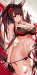  1girl absurdres akagi_(azur_lane) akagi_(paradise_amaryllis)_(azur_lane) animal_ear_fluff animal_ears azur_lane bare_arms bare_shoulders bikini bikini_pull black_bikini breasts brown_hair cleavage collarbone cowboy_shot finger_to_mouth fire flower fox_ears fox_girl fox_tail groin hair_flower hair_ornament halter_top halterneck higandgk highres large_breasts long_hair looking_at_viewer mismatched_bikini multiple_tails navel parted_lips ponytail red_bikini red_eyes red_flower smile solo spider_lily standing stomach swimsuit tail very_long_hair 