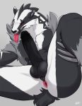  absurd_res anus balls black_fur bodily_fluids butt claws erection fur hi_res humanoid_penis looking_at_viewer male mammal nintendo obstagoon penis pok&eacute;mon pok&eacute;mon_(species) repzzmonster saliva simple_background solo tongue video_games white_fur 