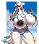  anthro avian beach big_breasts bikini bird breasts clothing curvaceous eyewear female glasses hi_res huge_breasts nipples open_mouth outside porin seaside solo standing swimwear thick_thighs wardrobe_malfunction 