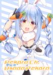  1girl animal_ear_fluff animal_ears armband armpits bangs black_gloves black_legwear blue_hair braid breasts bunny_ears bunny_girl carrot carrot_hair_ornament character_name cleavage eyebrows eyebrows_visible_through_hair food food_themed_hair_ornament gloves hair_ornament highres holding holding_food hololive lapsuswolf long_braid long_hair looking_at_viewer multicolored_hair open_mouth pantyhose pinky_out scarf small_breasts solo teeth twin_braids two-tone_hair usada_pekora virtual_youtuber white_hair youtube_username 