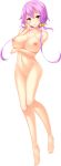  1girl absurdres barefoot bell blush breast_hold breasts brown_eyes full_body hair_bell hair_ornament hand_on_own_chin highres hikage_eiji huge_breasts koihime_musou long_hair navel nipples no_pussy official_art open_mouth pink_hair solo sonken_kouyuu transparent_background 