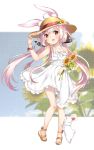  1girl ahoge animal_ear_fluff animal_ears arm_up bunny bunny_ears commentary_request dress flower full_body hair_ornament hairclip hand_on_headwear hat leg_hug legs long_hair low_twintails mashiro_aa open_mouth pink_hair red_eyes ribbon sandals smile sun_hat sundress sunflower toes tomari_mari tomari_mari_channel twintails very_long_hair virtual_youtuber white_dress wind wind_lift 