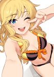  1girl bangs bare_shoulders bikini black_bikini blonde_hair blue_eyes blush breasts cleavage collarbone hand_gesture idolmaster idolmaster_cinderella_girls large_breasts long_hair looking_at_viewer navel omaru_gyuunyuu one_eye_closed ootsuki_yui open_mouth outstretched_arm self_shot sidelocks simple_background smile solo swept_bangs swimsuit thighs v wavy_hair white_background 