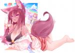  2girls :d animal_ear_fluff animal_ears barefoot bikini black_bikini blush breasts brown_hair cleavage cloud cloudy_sky cuff_links drink fang food_stand front-tie_top full_body hair_between_eyes heart heart-shaped_pupils imaizumi_kagerou jacket jewelry key koha large_breasts long_hair lying multiple_girls on_stomach open_clothes open_jacket open_mouth pendant pink_eyes red_bikini sekibanki shirt skin_fang sky smile swimsuit symbol-shaped_pupils tail touhou v wet wet_clothes wet_shirt white_shirt wolf_ears wolf_tail wristband 
