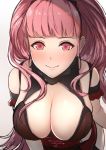  1girl bangs belt blunt_bangs breasts closed_mouth corset fire_emblem fire_emblem:_three_houses fou_zi hilda_valentine_goneril long_hair looking_at_viewer pink_eyes pink_hair simple_background smile solo thigh_strap twintails 