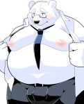  2019 anthro belly blush bottomwear clothed clothing eyewear fur glasses hi_res humanoid_hands male mammal moobs necktie nipples open_shirt overweight overweight_male pants polar_bear shirt sigenoya simple_background solo takotyutyu topwear undressing ursid ursine white_background white_fur 