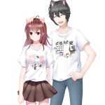  1boy 1girl ahoge animal_ears black_hair blush brown_hair brown_shirt cat_ears chinese_text closed_mouth copyright_request dog_ears hand_on_another&#039;s_head open_mouth otaku red_eyes shirt short_hair tagme white_background white_shirt 