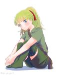  1girl absurdres animal bangs belt blonde_hair blunt_bangs blush brown_belt closed_mouth collared_shirt commentary full_body girls_und_panzer green_legwear green_shirt green_shorts hair_ribbon hands_together highres interlocked_fingers koala_forest_military_uniform leaning_forward leg_hug long_hair looking_at_viewer no_shoes oze_(xyz_go_go11) ponytail pouch red_ribbon ribbon sam_browne_belt shadow shirt short_sleeves shorts simple_background sitting smile solo thighhighs wallaby_(girls_und_panzer) white_background 