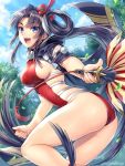  1girl ass black_hair blue_eyes breasts cape eyebrows_visible_through_hair fate/grand_order fate_(series) feather_fan hagino_kouta hair_ornament hat highres hood hooded_cape leaf long_hair looking_at_viewer one-piece_swimsuit open_mouth sideboob solo swimsuit tengu tokin_hat tree twitter_username ushiwakamaru_(fate/grand_order) ushiwakamaru_(swimsuit_assassin)_(fate) 