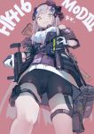  1girl aamond absurdres assault_rifle bag bike_shorts breasts character_name commentary_request facial_mark from_below girls_frontline gloves green_eyes gun h&amp;k_hk416 hair_ornament hat highres hk416_(girls_frontline) holding holding_gun holding_weapon id_card jacket large_breasts long_hair looking_at_viewer mod3_(girls_frontline) open_clothes open_jacket red_background rifle silver_hair solo thigh_pouch thigh_strap weapon white_gloves 
