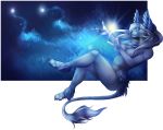  2019 4_toes 5_fingers anthro archery_(artist) blue_eyes blue_fur blue_theme breasts canid canine cosmic_background digital_media_(artwork) female fingers fur hair hi_res hybrid mammal nude solo toes white_hair 