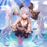  1girl :d absurdres animal_ears bare_arms bare_shoulders belt bikini bikini_skirt black_bikini black_bow black_skirt blue_sky bow breasts cleavage cloud cloudy_sky collarbone commentary_request day detached_collar fang flower frilled_bow frills granblue_fantasy grey_eyes hair_bow hair_flower hair_ornament highres horizon large_breasts light_rays long_hair looking_at_viewer navel ocean open_mouth outdoors pnt_(ddnu4555) red_flower satyr_(granblue_fantasy) silver_hair skirt sky smile solo sunbeam sunlight swimsuit twintails very_long_hair wading water 