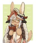  1other :d ambiguous_gender animal_ears bespectacled blush book commentary_request eyebrows_visible_through_hair fur furry glasses highres holding holding_book horizontal_pupils horns kawasemi27 looking_at_viewer made_in_abyss nanachi_(made_in_abyss) open_book open_mouth paws short_hair_with_long_locks sidelocks simple_background smile solo tail whiskers white_hair yellow_eyes 