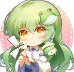  1girl bangs bare_shoulders blue_skirt blush bow chibi circle commentary detached_sleeves eyebrows_visible_through_hair frog_hair_ornament green_hair hair_between_eyes hair_ornament hair_tubes holding kochiya_sanae long_hair long_sleeves looking_at_viewer shangguan_feiying shirt sidelocks simple_background skirt snake_hair_ornament solo star tears touhou upper_body very_long_hair white_background white_bow white_shirt wide_sleeves yellow_eyes 