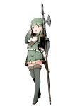  1girl axe bangs black_legwear blunt_bangs boots breasts fire_emblem fire_emblem_echoes:_shadows_of_valentia full_body green_eyes green_hair high_heel_boots high_heels highres holding holding_axe long_hair looking_at_viewer open_mouth palla_(fire_emblem) poleaxe sidelocks simple_background small_breasts smile solo sword thighhighs weapon 