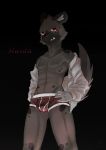  absurd_res aggressive_retsuko bananana8729 clothed clothing haida hi_res hyaenid male mammal muscular open_shirt sanrio solo underwear 
