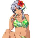  1girl adjusting_clothes akatsuki_no_kiseki alternate_costume bangs bikini breasts cleavage collarbone cowboy_shot dark_skin eiyuu_densetsu facial_mark flower forehead_mark green_bikini green_eyes hair_flower hair_ornament lips looking_at_viewer medium_breasts midriff navel navel_piercing official_art parted_bangs piercing sarong scherazard_harvey short_hair sidelocks silver_hair simple_background sitting smile solo sora_no_kiseki swimsuit white_background 