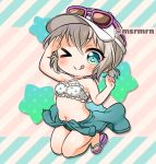  &gt;_o 1girl aoba_moca arm_up bang_dream! bare_shoulders blue_jacket chibi clothes_around_waist commentary_request diagonal-striped_background diagonal_stripes eyewear_on_headwear frilled_bikini_top frills full_body green_eyes grey_hair jacket jacket_around_waist long_hair marshmallow_mille navel one_eye_closed pink_footwear purple-framed_eyewear sandals sidelocks solo striped striped_background sunglasses twitter_username visor_cap white_headwear 