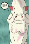  2019 alcremie arano_stormbringer big_breasts blush breasts female food food_creature food_humanoid fruit goo_creature goo_humanoid humanoid inverted_nipples looking_at_viewer nintendo nipples not_furry nude plant pok&eacute;mon pok&eacute;mon_(species) red_eyes smile solo speech_bubble strawberry text video_games 