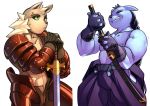  anthro armor canid canine clothed clothing doedog duo eyebrow_piercing facial_piercing fur katana male mammal melee_weapon muscular muscular_male piercing simple_background sword weapon white_background 