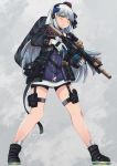  1girl ankle_boots assault_rifle bangs blunt_bangs blush boots breasts cowboy_shot dress expressionless eyebrows_visible_through_hair facial_mark full_body girls_frontline gloves green_eyes gun h&amp;k_hk416 hair_ornament hand_on_hip headset heckler_&amp;_koch highres hk416_(girls_frontline) holding holding_gun holding_weapon jacket long_hair medium_breasts mod3_(girls_frontline) name_tag open_clothes open_jacket persocon93 rifle sidelocks silver_hair snap-fit_buckle solo trigger_discipline twitter_username very_long_hair weapon 
