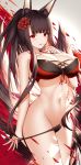  1girl absurdres akagi_(azur_lane) akagi_(paradise_amaryllis)_(azur_lane) animal_ear_fluff animal_ears azur_lane bare_arms bare_shoulders bikini bikini_pull black_bikini breasts brown_hair cleavage collarbone cowboy_shot finger_to_mouth fire flower fox_ears fox_girl fox_tail groin hair_flower hair_ornament halter_top halterneck higandgk highres large_breasts long_hair looking_at_viewer mismatched_bikini multiple_tails navel parted_lips ponytail red_bikini red_eyes red_flower smile solo spider_lily standing stomach swimsuit tail very_long_hair 