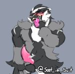  2019 animal_genitalia animal_penis blush bodily_fluids canine_penis genital_fluids hand_on_balls knot male nintendo obstagoon open_mouth penis pink_penis pok&eacute;mon pok&eacute;mon_(species) precum simple_background solo soot_in_suit tongue video_games 
