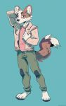  2019 anthro black_nose brown_fur canid canine canis clothed clothing domestic_dog fingers fur herding_dog male mammal murkbone open_mouth pastoral_dog simple_background standing welsh_corgi white_fur 