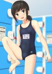  1girl :d absurdres barefoot black_eyes black_hair black_swimsuit commentary_request cowboy_shot fubuki_(kantai_collection) highres indoors kantai_collection light_blush locker locker_room long_hair looking_at_viewer low_ponytail name_tag new_school_swimsuit open_mouth ponytail school_swimsuit short_ponytail sidelocks smile solo standing standing_on_one_leg swimsuit takafumi 