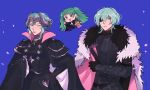  1boy 2girls alternate_color alternate_hair_color black_cape black_gloves blue_background braid cape closed_mouth crown dimitri_alexandre_bladud double_bun edelgard_von_hresvelg eyepatch fire_emblem fire_emblem:_three_houses fur_trim gloves green_eyes green_hair hair_ornament headpiece highres horns manakete multiple_girls one_eye_closed open_mouth oratoza petals pointy_ears simple_background sothis_(fire_emblem) twin_braids upper_body 