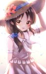  1girl :d backlighting bangs blue_scrunchie blush brown_eyes brown_hair brown_headwear cotrpopor dress eyebrows_visible_through_hair flower hair_ornament hair_over_shoulder hair_scrunchie hand_on_headwear hat hat_flower hibiscus highres idolmaster idolmaster_cinderella_girls long_hair looking_at_viewer open_mouth pink_flower ponytail sailor_dress scrunchie shiny shiny_hair short_sleeves sidelocks smile solo standing straw_hat sun_hat symbol_commentary tachibana_arisu white_dress white_neckwear wind 