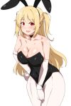  1girl animal_ears bangs bare_shoulders blonde_hair blush breasts bunny_ears character_request choker cleavage collarbone copyright_request covered_navel gloves large_breasts leotard long_hair looking_at_viewer pantyhose red_eyes seihekiog shiny shiny_skin simple_background smile solo thighs two_side_up white_background white_gloves white_legwear wrist_cuffs 