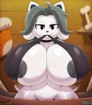  2019 absurd_res anthro big_breasts bottomless breasts canid canine canis clothed clothing digital_drawing_(artwork) digital_media_(artwork) domestic_dog felid feline female fur hi_res huge_breasts looking_at_viewer mammal miso_souperstar nipple_slip nipples signature solo tailwag tem temmie_(undertale) undertale video_games white_fur wide_hips 