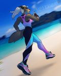  2019 anthro beach black_fur breasts canid canine canis clothed clothing day detailed_background digital_media_(artwork) female fingers footwear fur hair hi_res mammal nastywolf613 outside red_eyes sand seaside shoes shoreline sky solo standing water white_hair wolf 