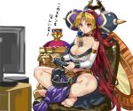  1girl balancile bangs barefoot blonde_hair blue_eyes blue_hair breasts brown_choker bubble_tea bubble_tea_challenge chair choker collarbone cup detached_sleeves disposable_cup drinking drinking_straw earrings eyebrows_visible_through_hair feet forehead_jewel forehead_tattoo hair_ornament headphones headphones_removed headset heterochromia highres holding_game_controller indian_style jewelry large_breasts long_hair looking_at_screen monitor object_on_breast parted_bangs pelvic_curtain ran&#039;ou_(tamago_no_kimi) red_eyes red_hair shinrabanshou shiny shiny_hair shiny_skin sidelocks sitting smirk soles solo strapless tattoo translation_request very_long_hair wireless 