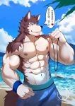  &lt;3 2019 abs absurd_res anthro beach biceps black_nose canid canine canis chinese_text clothing dialogue digital_media_(artwork) fur fuwayuuko hi_res kemono male mammal muscular muscular_male nipples outside pecs seaside sky solo summer swimwear text water wolf 