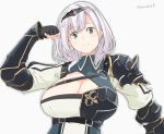  1girl armor bangs black_armor black_gloves breastplate breasts circlet cleavage cleavage_cutout clenched_hand closed_mouth collar eyebrows_visible_through_hair fingerless_gloves flexing gloves green_eyes hololive huge_breasts kichihachi looking_at_viewer medium_hair mole mole_on_breast pose shirogane_noel shoulder_armor smile solo twitter_username upper_body virtual_youtuber white_background white_hair wrist_guards 
