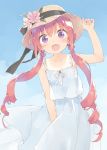  1girl :d arm_up bangs bare_arms bare_shoulders blue_sky blush brown_hair brown_headwear collarbone commentary_request day dress eyebrows_visible_through_hair flower hair_between_eyes hand_on_headwear hat hat_flower hazuki_watora long_hair open_mouth original outdoors peko pink_flower purple_eyes ringlets sky sleeveless sleeveless_dress smile solo tan tanline twintails very_long_hair white_dress 