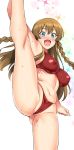  1girl aqua_eyes arm_up armpits ass ass_visible_through_thighs bangs bare_shoulders blush bra braid breasts brown_hair hair_between_eyes idolmaster idolmaster_million_live! kousaka_umi large_breasts leg_up long_hair looking_at_viewer navel open_mouth panties red_bra red_panties side_braid simple_background smile solo sparkle split sports_bra standing standing_on_one_leg standing_split stretch sweat thighs twin_braids underwear white_background yasui_riosuke 