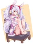  1girl absurdres amco animal_ears azur_lane bangs bare_legs barefoot bunny_ears chair collarbone commentary cup disposable_cup drinking drinking_straw drinking_straw_in_mouth eyebrows_visible_through_hair feet feet_on_chair food fruit hair_between_eyes hairband highres jacket knees_up laffey_(azur_lane) lavender_hair lemon lemon_slice long_hair looking_at_viewer pink_jacket pleated_skirt red_eyes red_skirt sidelocks sitting skirt twintails very_long_hair 