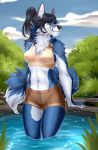  2019 absurd_res anthro bastika black_hair black_nose blue_fur borophagine breasts canid canine clothed clothing day detailed_background digital_media_(artwork) epicyon female fingers fox fur green_eyes hair hi_res hybrid mammal midriff milly_(millcore) navel outside partially_submerged sky solo standing water white_fur 